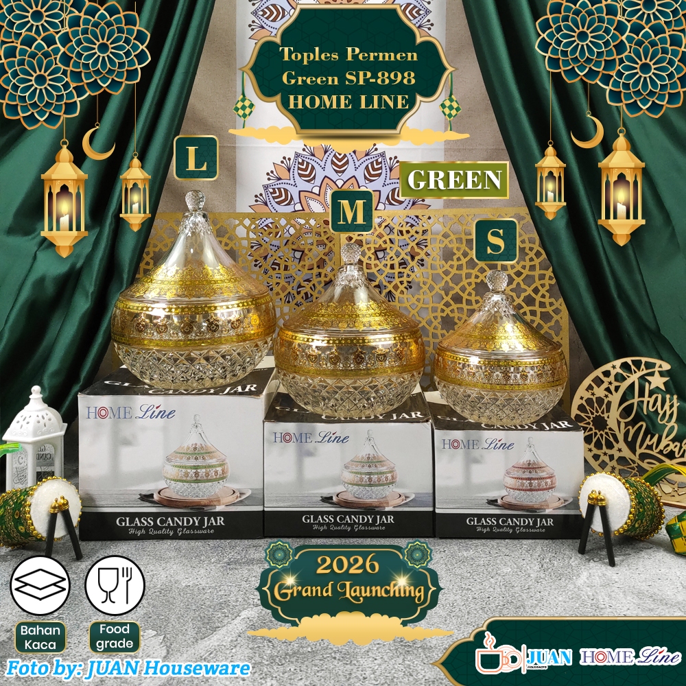 HOME LINE ขวดลูกอมแก้วทองสีเขียว S/M/L Special Eid / ภาชนะใส่ขนมแก้วพรีเมี่ยม SP-898