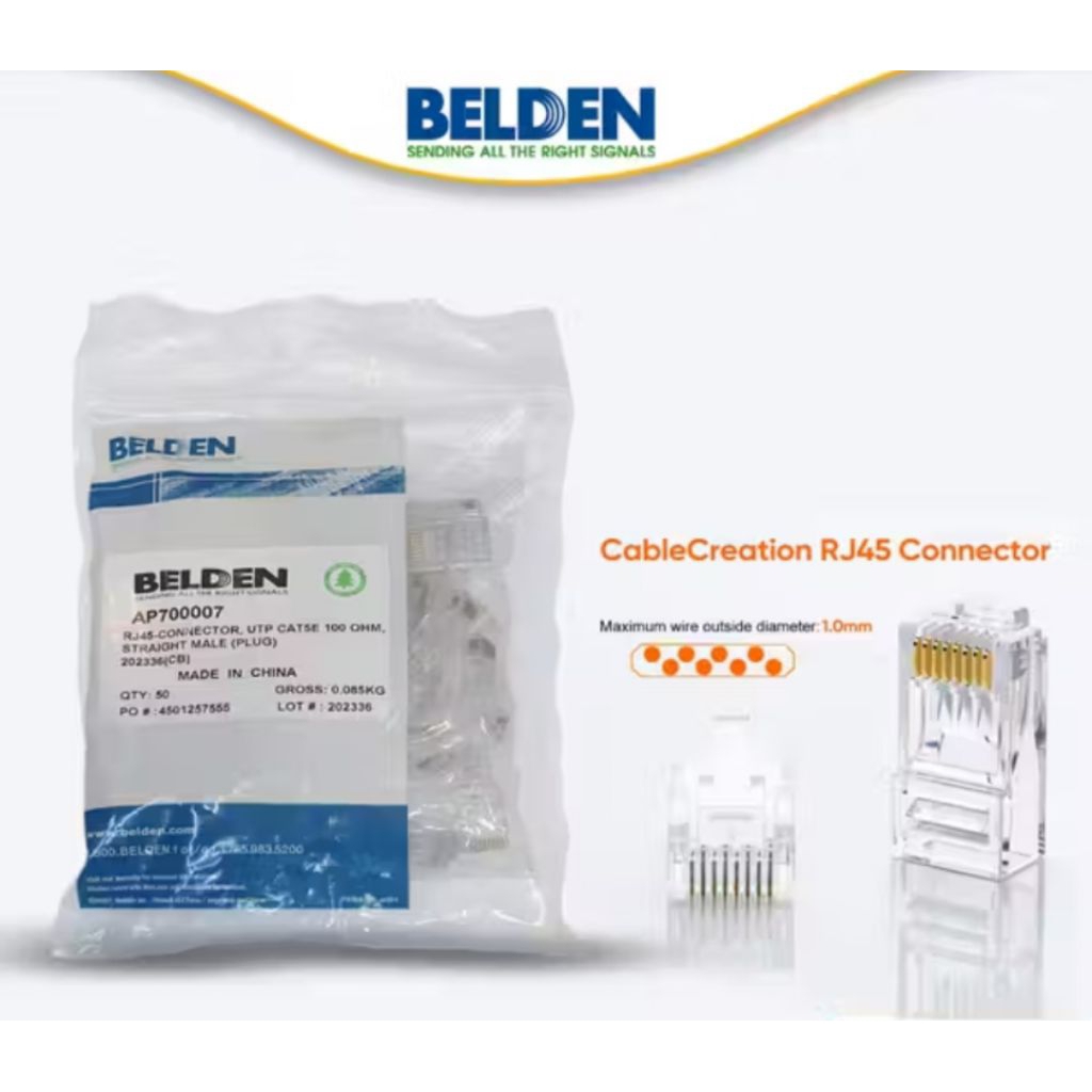 BELDEN Cat5 / BELDEN 700007 ขั้วต่อ RJ45 เนื้อหาขั้วต่อ Belden RJ ดั้งเดิม 50 ชิ้น
