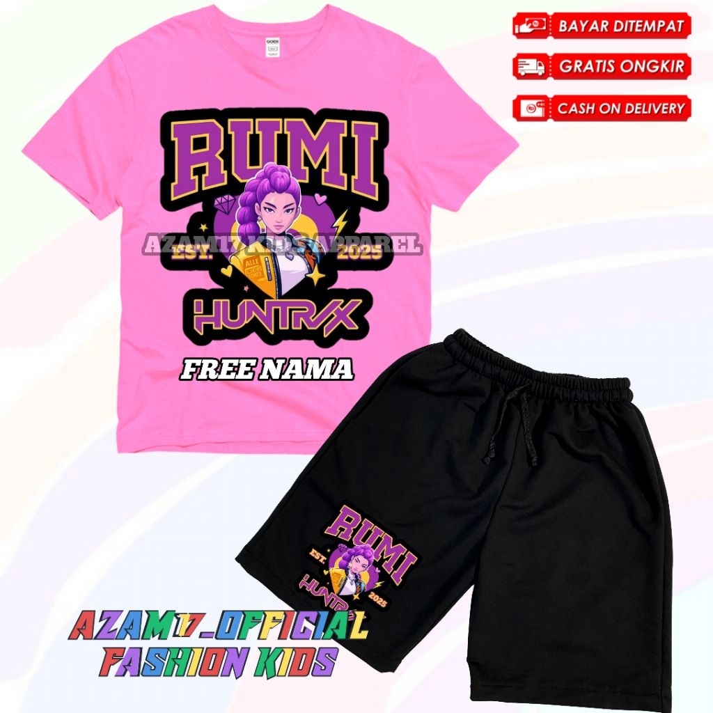Rumi KPop Demon Hunters Huntrix เสื้อยืดเด็กและกางเกงขาสั้นชุดชื่อฟรี / Huntrix KPop Demon Hunters R