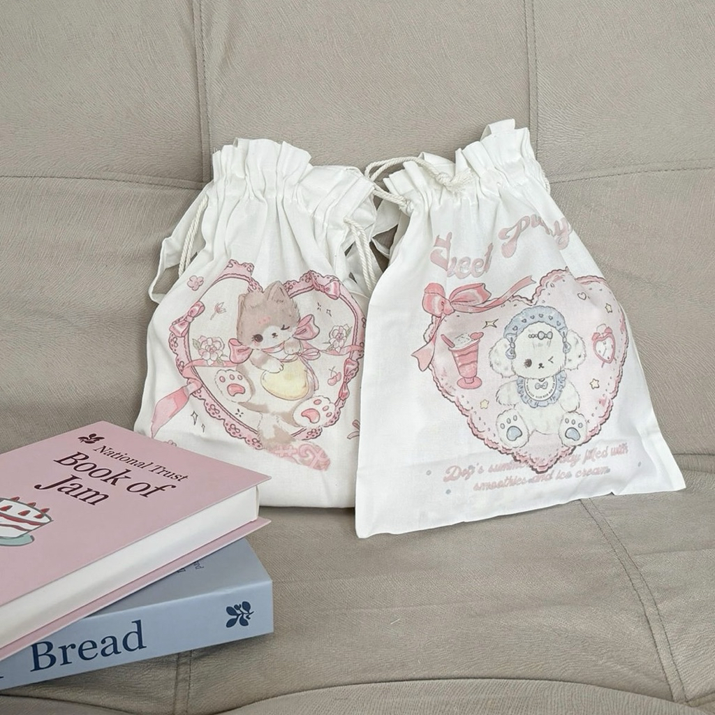 Mocorie - Cattysa Coquette Drawstring Bag / Mini coquette Ribbon Totebag / Pink Ribbon Mini Drawstri