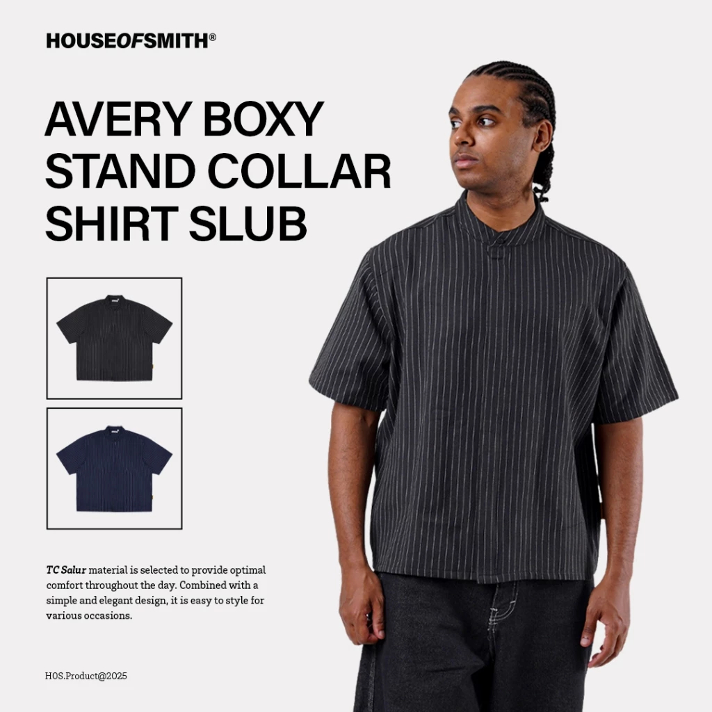 KEMEJA House of Smith pg Mens Boxy Shirt - Avery Boxy Stand Collar Shirt Slub - Boxy Shirt