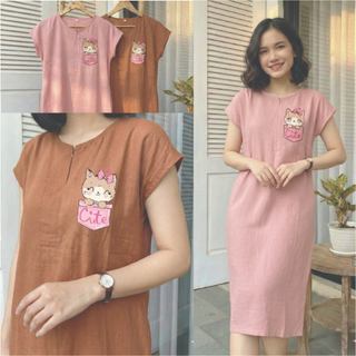Dress Midi Daster Terlaris | MIdi Daster Kekinian Motif Saku Kucing Lucu Bahan Rayon Halus Adem | Dress Midi Viral | Dress Daster midi Terbaru | Daster Santai Terbaru