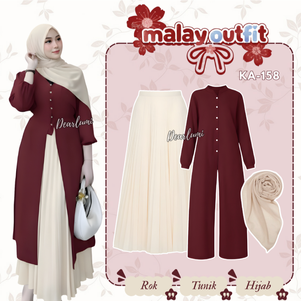 ชุดสูทอีดสตรีสมัยใหม่ล่าสุด (Ayrin Tunic + กระโปรงจีบ + Bella Square Hijab) ชุดสูท Maroon Modern Ka-