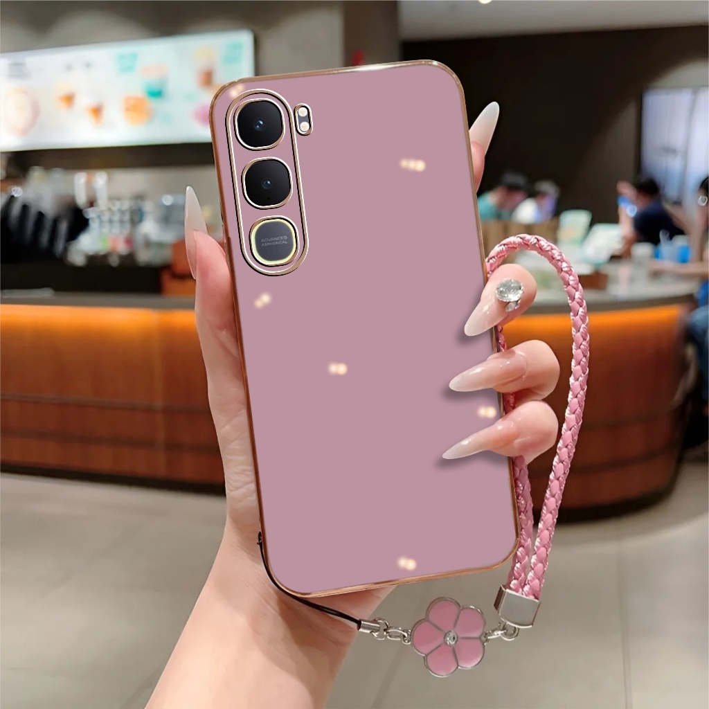 เคสนิ่ม Vivo V40 / V40 Lite 4G 5G Plating Glossy Free Lanyard Flower Handphone