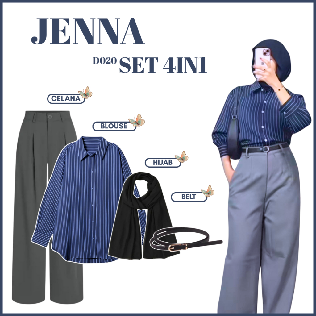 KEMEJA One Set Jenna 4in1 อินเทรนด์ | เสื้อ กางเกง ฮิญาบ เข็มขัด | ชุดเรียบๆ สําหรับวัยรุ่น - ง020
