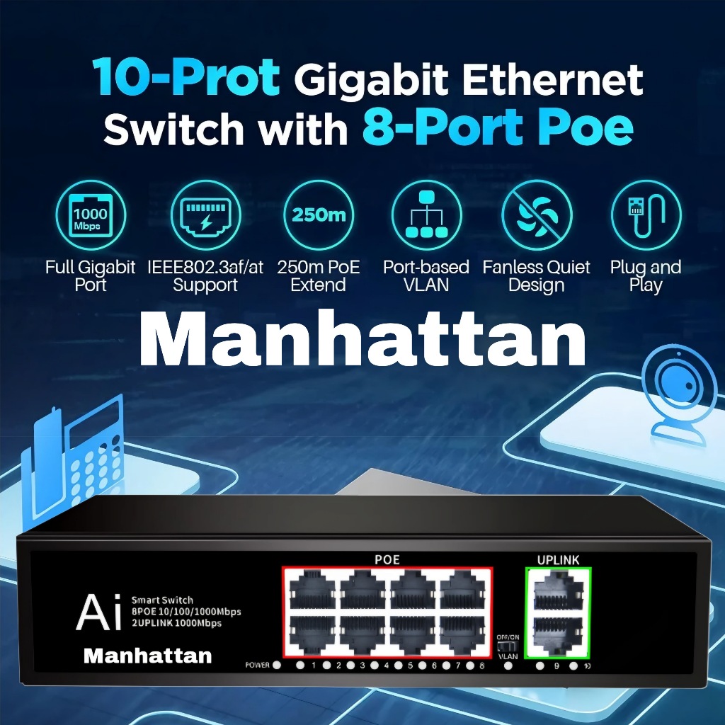 Manhattan POE Hub Switch 2 uplink 1000 Mbps Giga