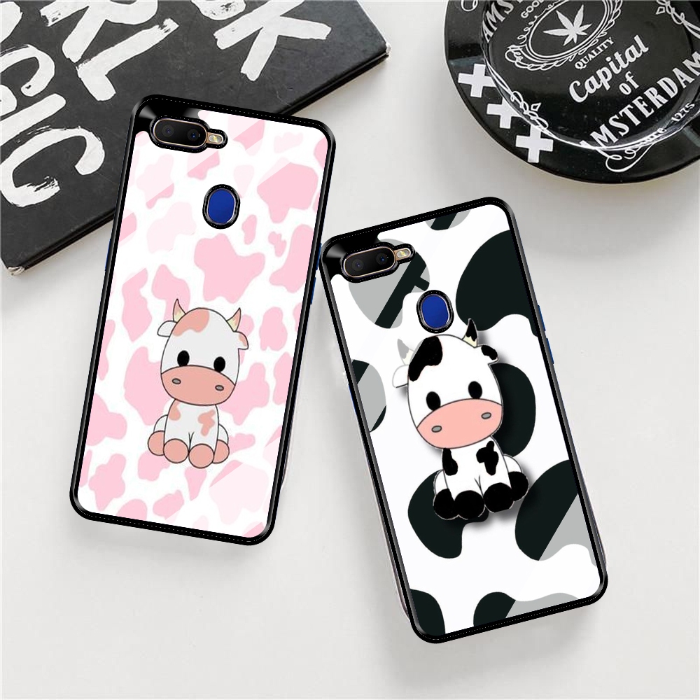 HP QQ30 SoftGlass Cow Motif HardCase 2D Premium Glossy Glass สําหรับ Oppo A5s/A12/A11K/A7/F9 - เคสน่