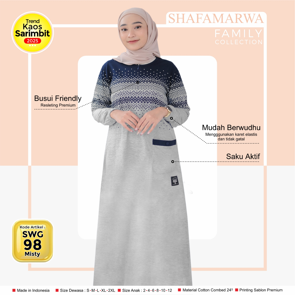 KATUN SHAFAMARWA Gamis Kaos Combed Cotton 24s Premium Original Cool SM98 Misty
