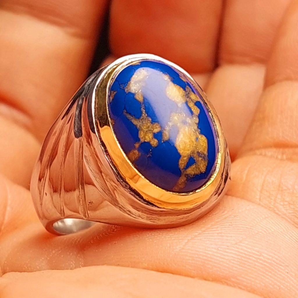 Turquoise blue MizoneแหวนหินGold vein Monelแหวนทําด้วยมือเรียบป้องกันสนิม16มม.18มม.