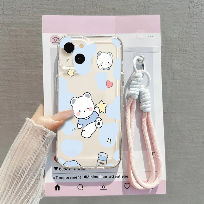 [ เคส+สายรัดรองรับ] เคสใสเคลือบเงาการ์ตูนลายสําหรับOppo A15 A16 EK A17 K A18 A3S A39 A31 A38 A3 PRO 