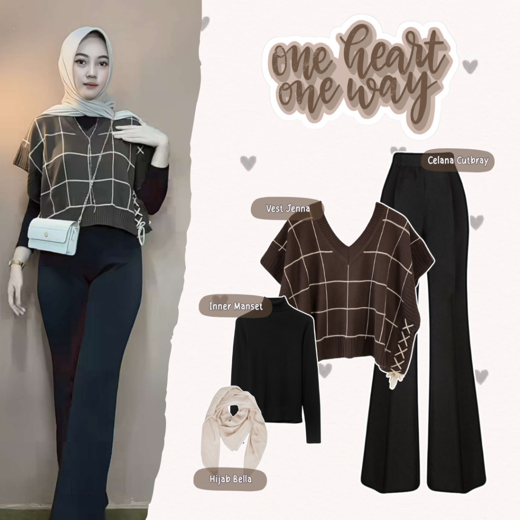 One Set Jenna Hijab Style ลุคเกาหลี (เสื้อกั๊ก + Cuff + กางเกง Cutbray + Bella Hijab) 4 in 1 Modern 