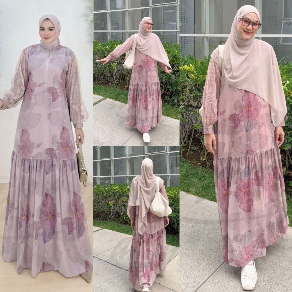 NADA DRESS BY ARSY HIJAB DRESS BROKAT CHANTILLY PREMIUM DUSTY PINK CURTY BABYDOLL ELEGANT