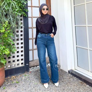 ina jeans - Celana Highwaist Loose Jeans Wanita Lipat Lebar Korean Style - Straight Jeans Baggy Stretch Soft - Celana Panjang Wanita