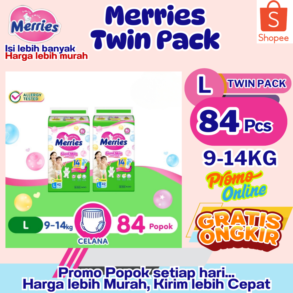 (JUMBO PACKAGING) Merries GOOD SKIN PANTS ผ้าอ้อมเด็ก L (9-14KG) CONTENTTS 84 PCS TWIN PACK (2 BALLS
