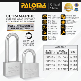 PALOMA Gembok Padlock Pagar Gerbang Loker Gembok Kunci Pintu Mobil Box Leher Panjang Pendek Long Short Shackle Stainless Steel SUS 316 SUS316 Chrome Krom Silver PLP 7214 7215 7216 7217 7224 7225 7226 7227
