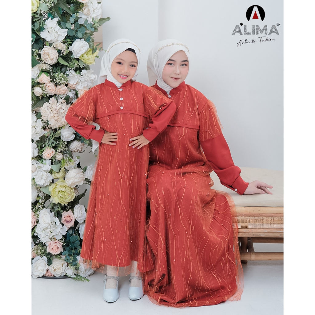 Naira Dress Gamis Lebara Couple Mom & Kids Shakila Material Mix Tille Combine Pearl Sequins