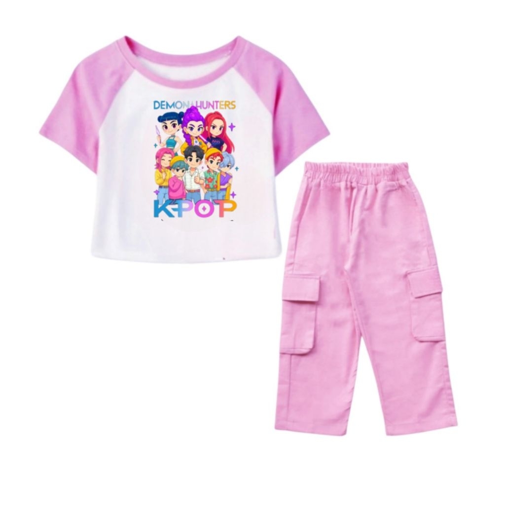 ชุดกางเกงคาร์โก้เด็กผู้หญิงพร้อมภาพ KPOP DEMON HUNTER RAME