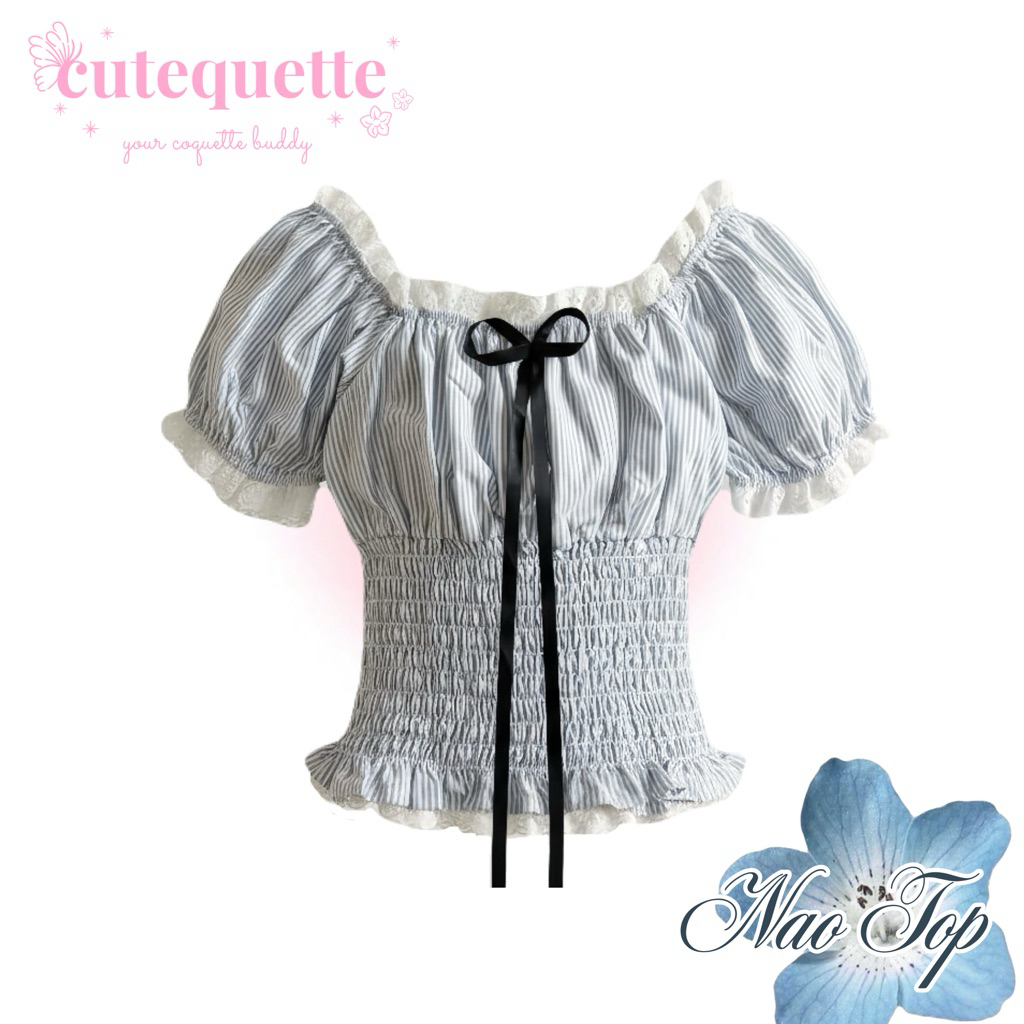 NAO TOP – Blue Stripe Puff Sleeve Korean Black Ribbon Blouse Cute Coquette | น่ารัก
