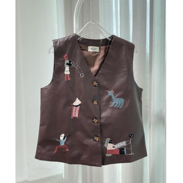 TOP 4887 ผู้หญิง VEST TOP / EMBROIDERED LEATHER VEST / ผู้หญิงสูงอายุ VEST BLOUSE