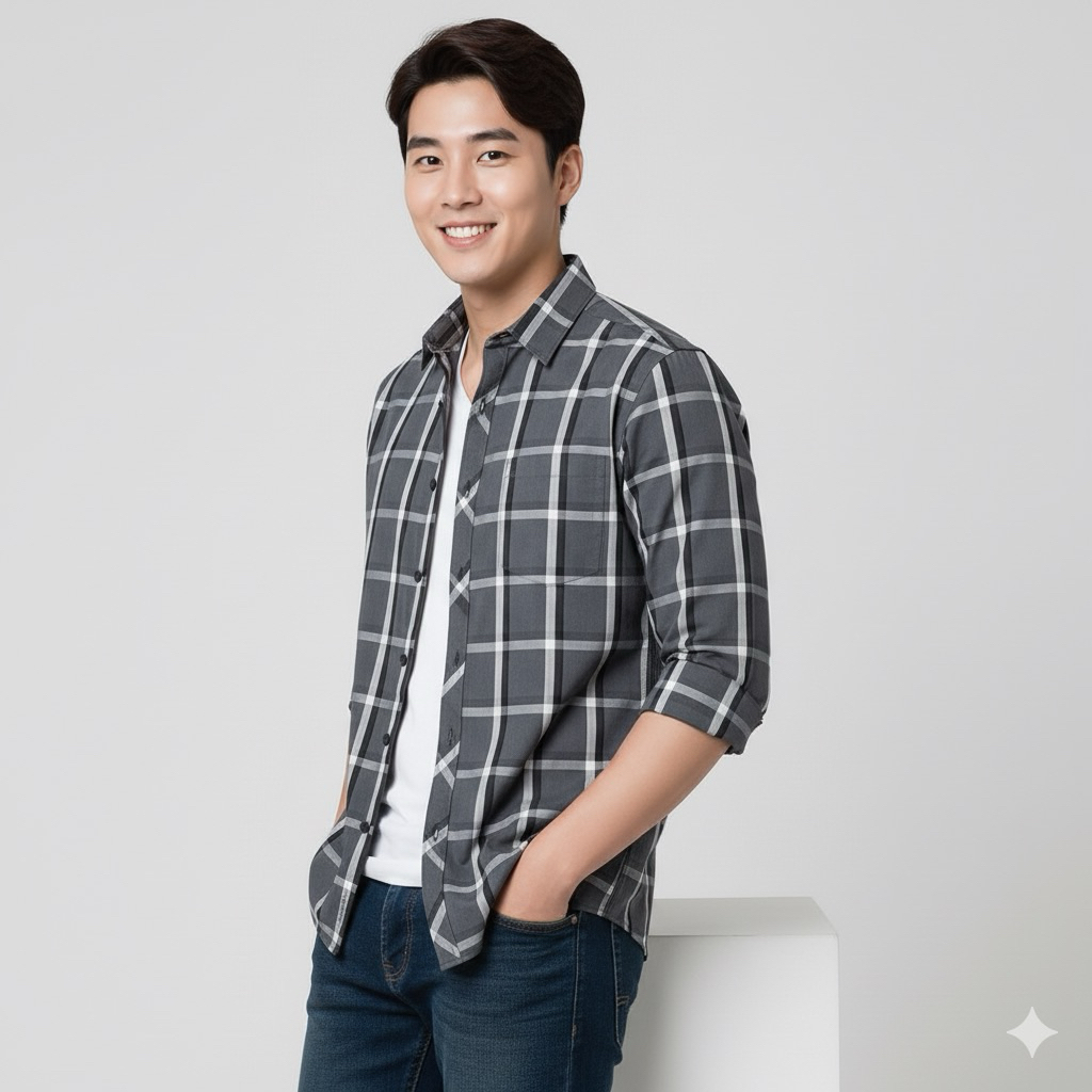 KEMEJA 3Nthree เสื้อเชิ้ตแฟชั่นบุรุษแขนยาวลายตารางต้นฉบับ (KMJ 40558)