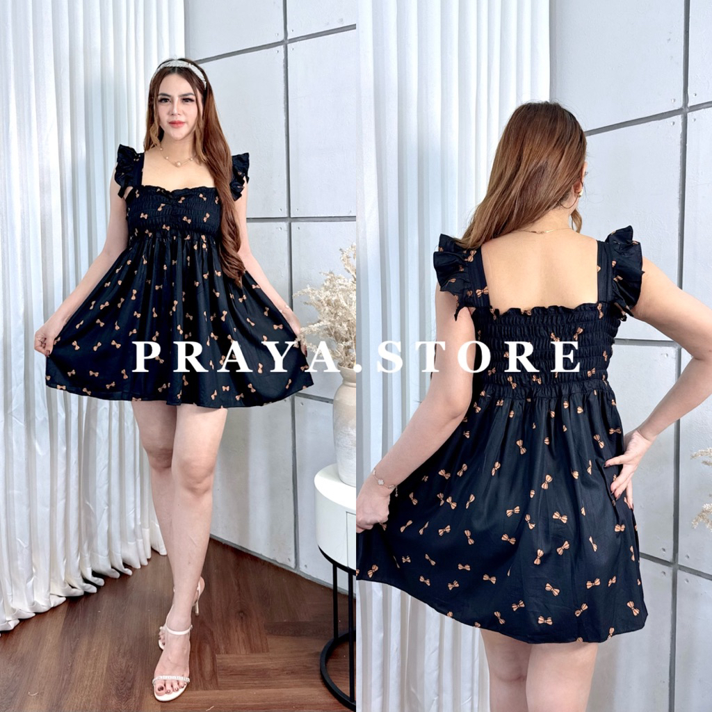 Elena mini Dress ทําจากเรยอนพรีเมียมกับโมติฟลายดอกไม้