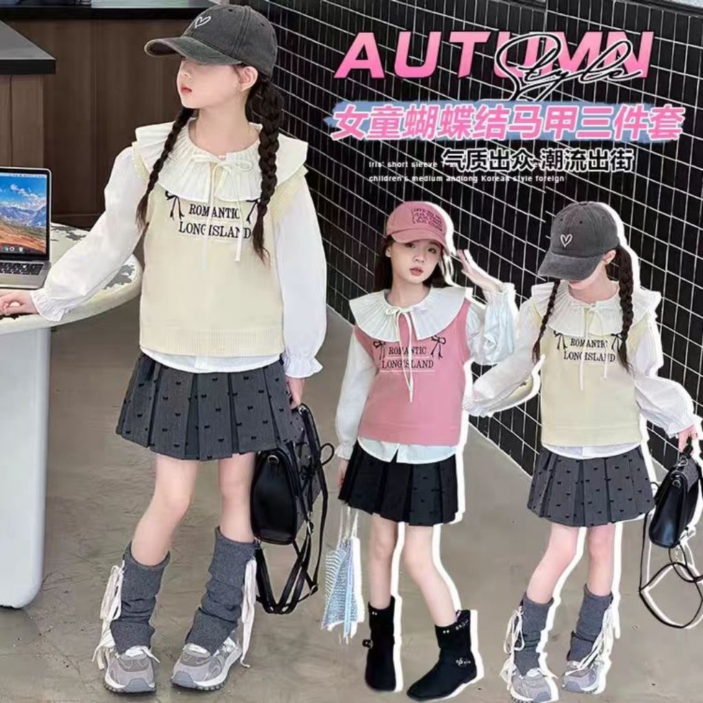 KEMEJA ER-443 IMPORTED 3IN1 SKIRTชุดสําหรับGIRLS AGES 5-12 YEARS LONG-SLEEVED SHIRT TOP SET PLUS MOD