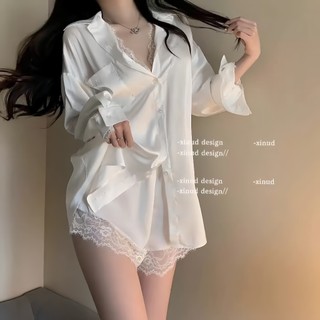 Set Piyama Wanita Satin Seksi Lingerie Berenda 2025, Setelan Rumahan Atasan Kemeja & Celana Pendek