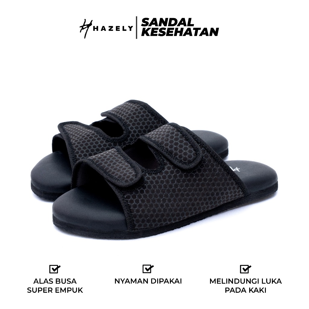 รองเท้าแตะเบาหวานกันน้ํา HAZELY Rio Black – พื้นนุ่ม หนังสังเคราะห์กันน้ํา Velcro ปรับได้ ขนาด 36–45