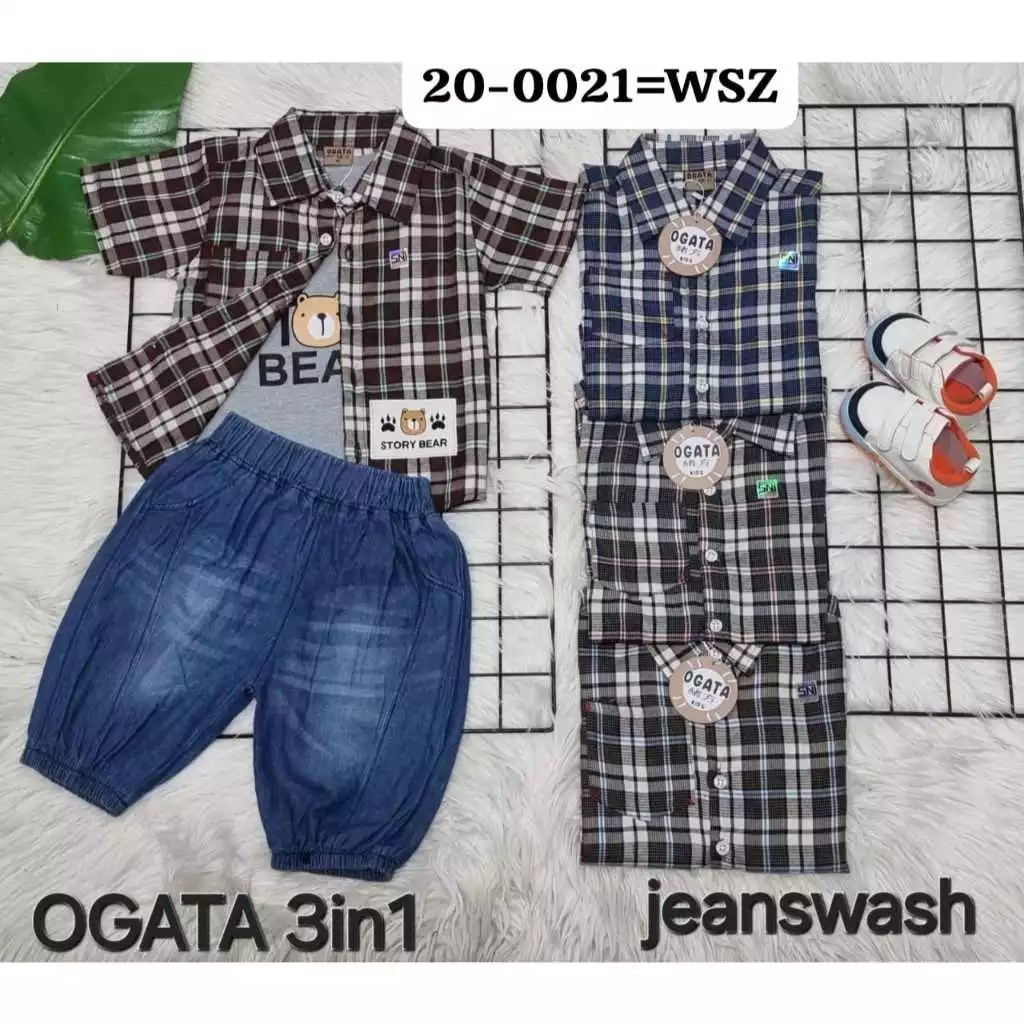 KEMEJA Ogata Checkered Bear 3 in 1 Shirt Set