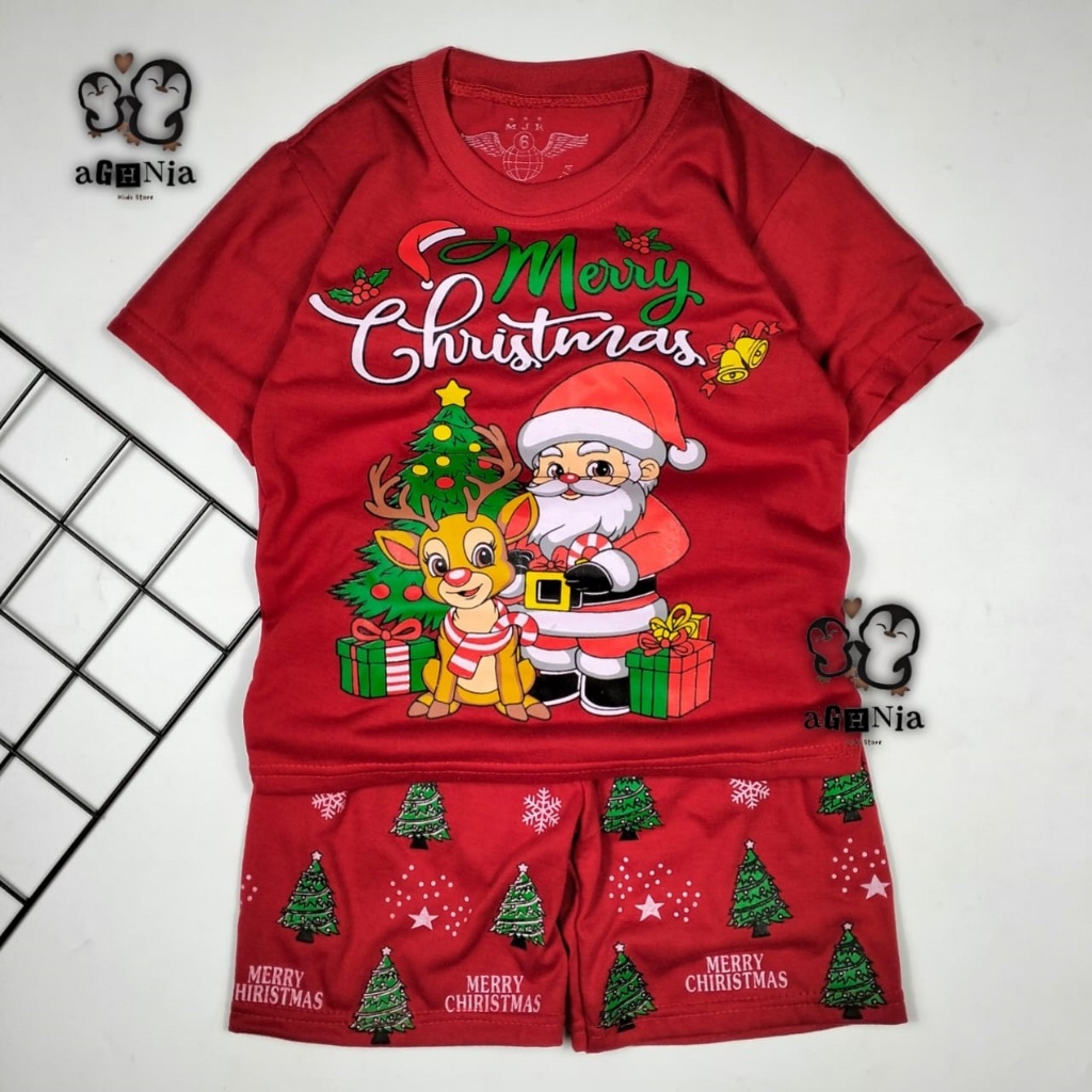ชุดชุดนอนเด็ก Merry Christmas – เสื้อยืดและกางเกง Santa Rudyolf Motif – ชุดนอนคริสต์มาสสําหรับเด็กชา
