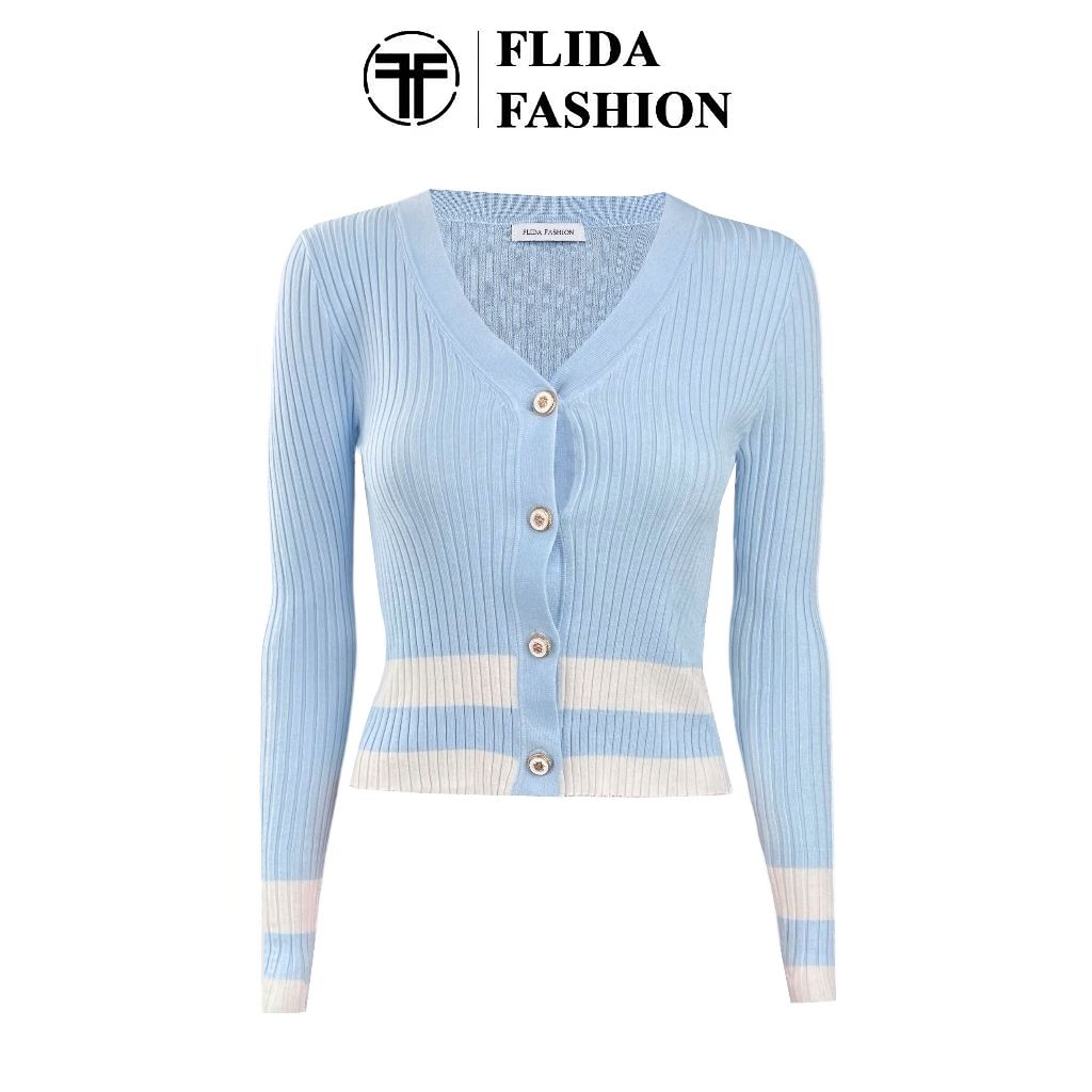 FLIDA FASHION - F312 เสื้อคาร์ดิแกนถักผู้หญิงติดกระดุมสด แขนยาว คอปกคอวี