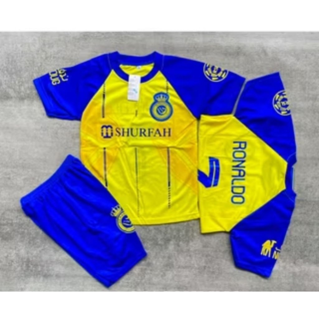 ใหม่ล่าสุด ALNASSR RONALDO KIDS FOOTBALL JERSEY SET PREMIUM QUALITY KIDS FOOTBALL SOFT AND COOL MATE