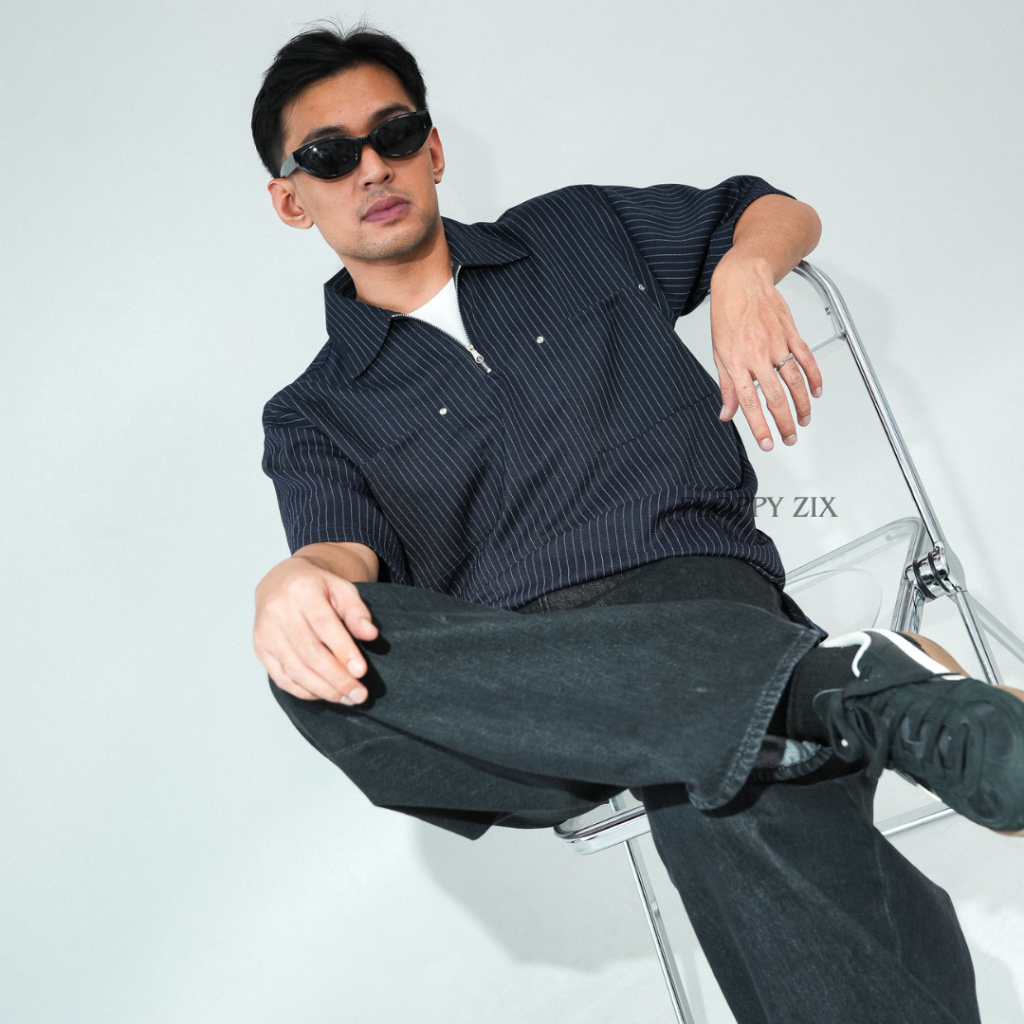 OVERSIZE STRIPE ZIPPER SHIRT / STRIPE SHIRT / SHORT-SLEEVED SHIRT / STRIPE SHIRT