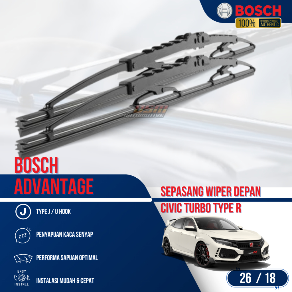 ยางปัดน้ําฝน Bosch Advantage / สําหรับ Honda Civic Turbo Type R 26" และ 18" (คู่) / Civic Wiper