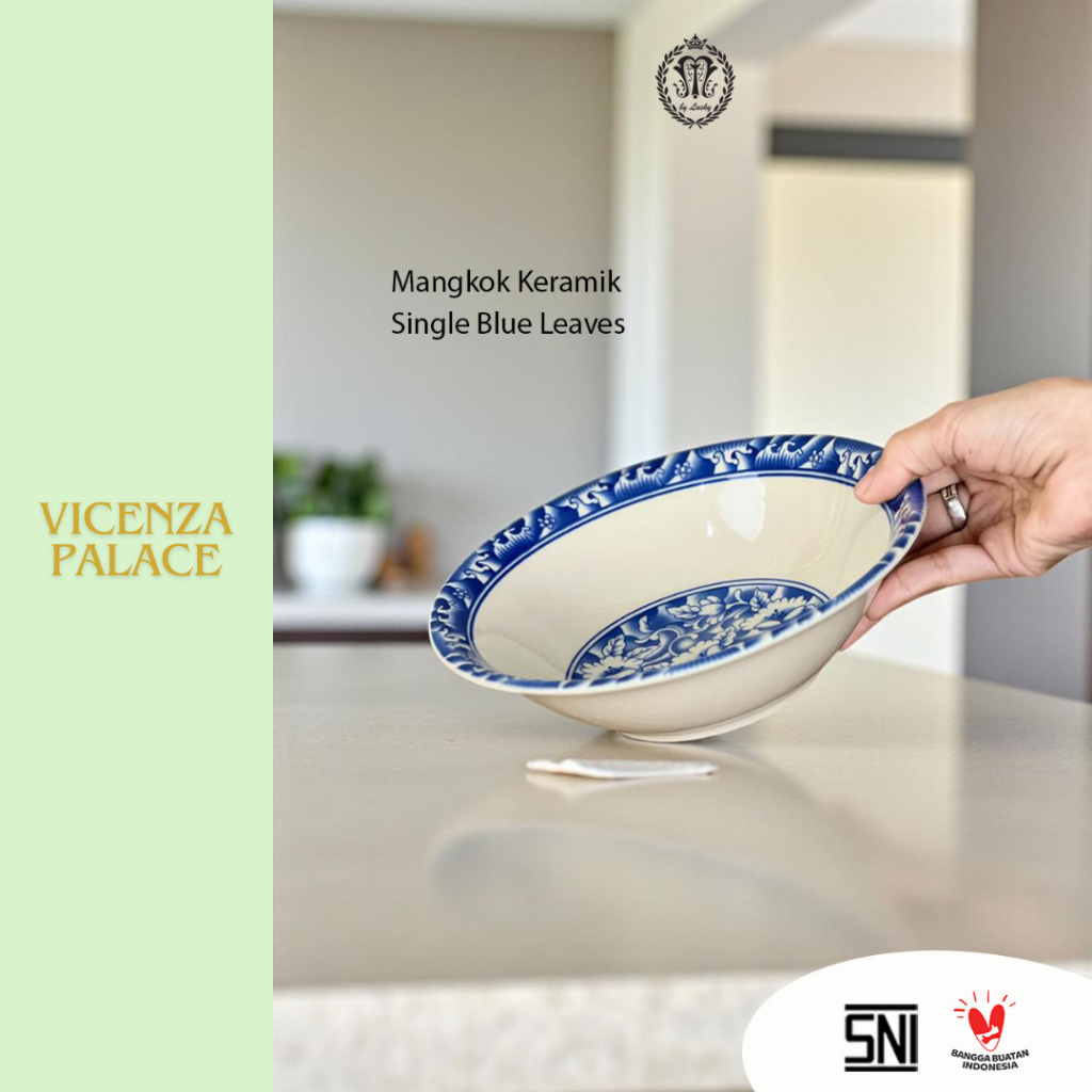 (1 ชิ้น) Aesthetic Blue Leaves Fine China Dinner Bowl ขนาด 7 นิ้ว