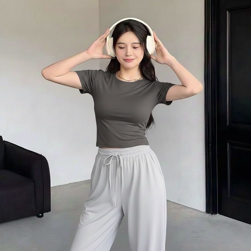 PLATINUM WORLD เสื้อครอปถักธรรมดา O คอ Fit Body - เสื้อเชิ้ตธรรมดาผู้หญิง I2.