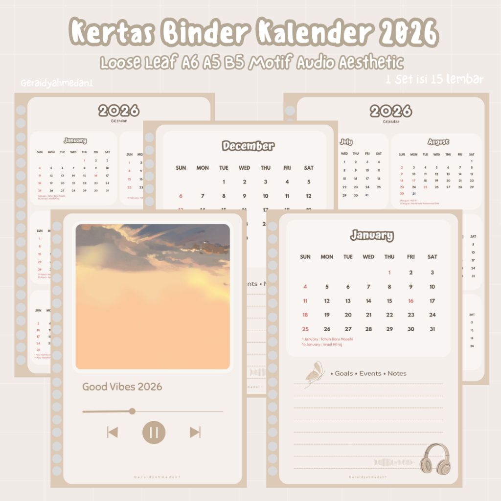 2026 Calendar Binder Paper Set Loose Leaf A6 A5 B5 Audio Gradient Motif