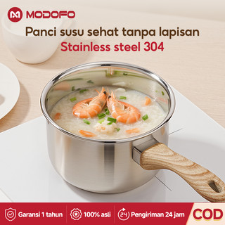 MODOFO Panci Susu Stainless Steel 304 Anti Lengket Panci Mpasi Bayi 16cm Panci Anti Lengket Panci Mie Rebus Pegangan Serat Kayu Dengan Penutup Kaca