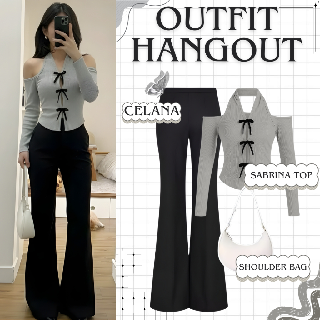 Ryu Hangout Outfit Set (Sabrina + Cutbray Pants + กระเป๋า) ชุดสูท Oneset แบบเรียบง่ายสําหรับผู้หญิง 