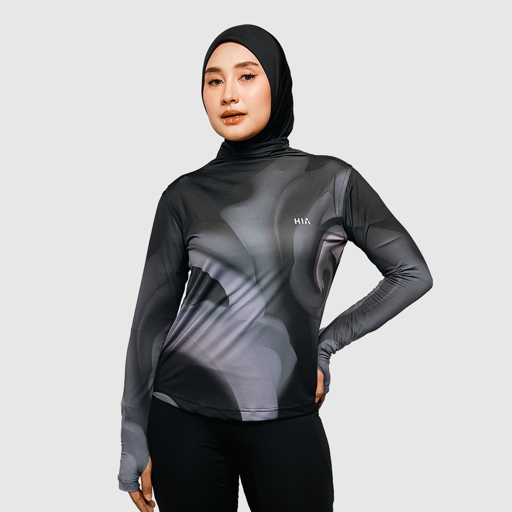 HIA Everywear Bhava พิมพ์แขนยาวปกติ Fit Hecktive ผ้าชุดกีฬาผู้หญิงวิ่งยิมวิ่ง Padel