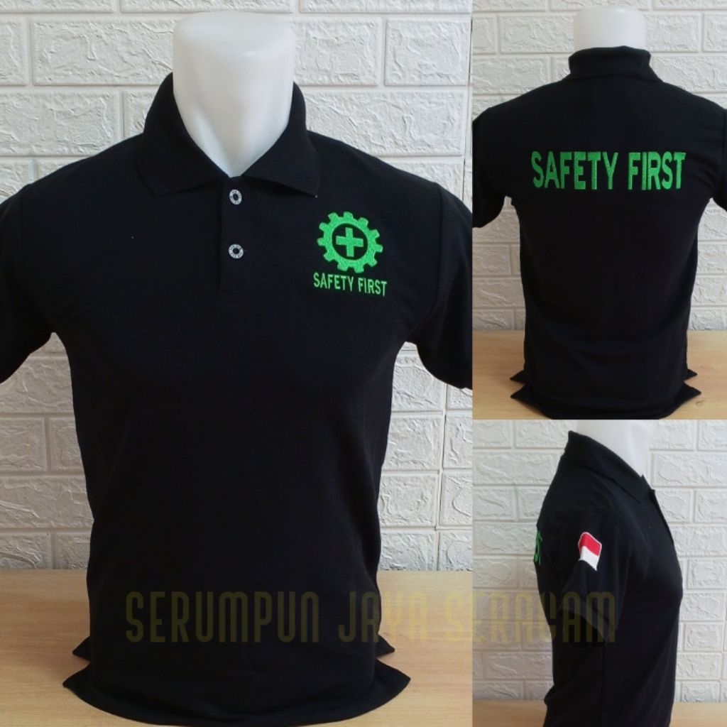 SAFETY FIRST BLACK FULL EMBROIDERY T-SHIRT - SAFETY FIRST COLLAR SHORT SLEEVE EMBROIDERRED T-SHIRT -