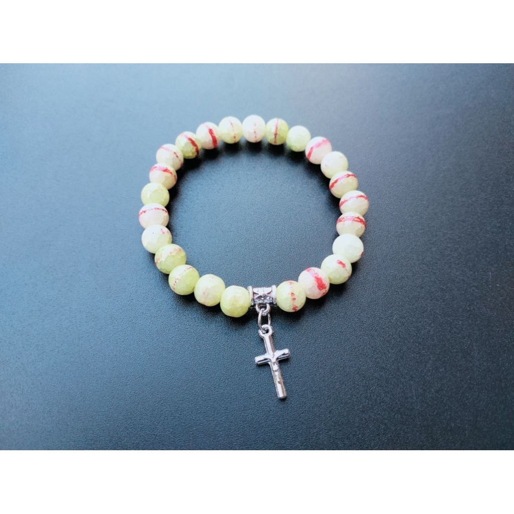 G988 HEAVY PEARL CROSS BRACELET CRYSTAL GLASS JADE CATHOLIC BRACELET