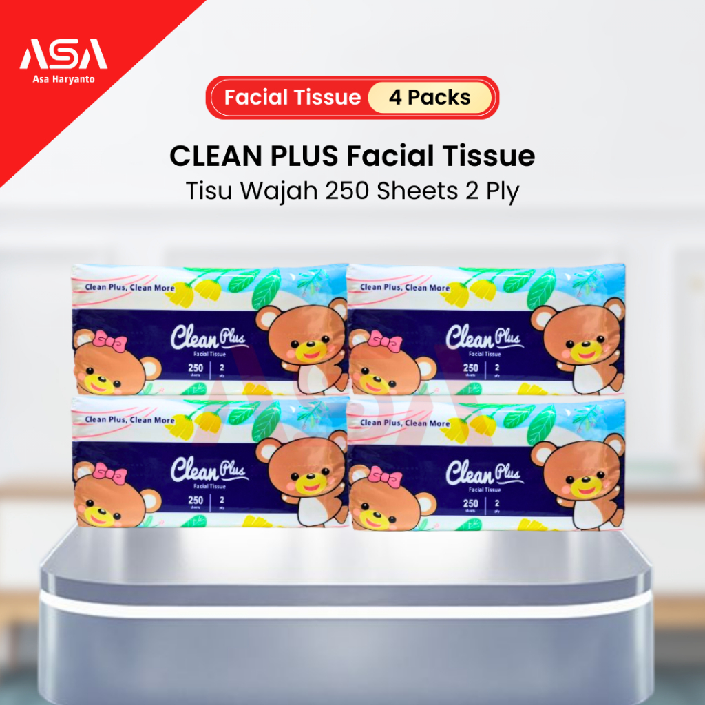 PACKAGE 4 PACKS CLEAN PLUS กระดาษเช็ดหน้า 250 แผ่น 2 ชั้น - กระดาษเช็ดหน้า