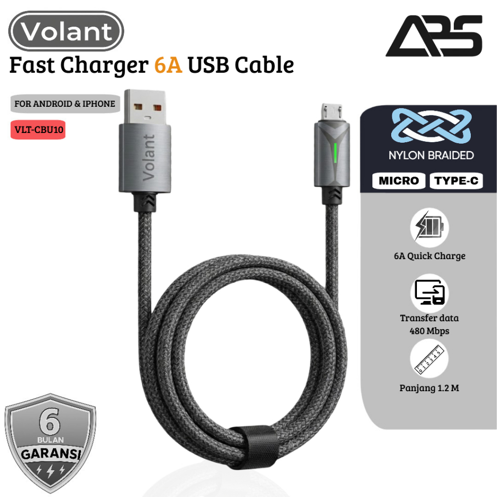 VOLANT Fast สายชาร์จข้อมูล 6A Micro TYPE C สายชาร์จ Anti-Tangle USB to C 1.2M VLT-CBU10 สายเคเบิลข้อ