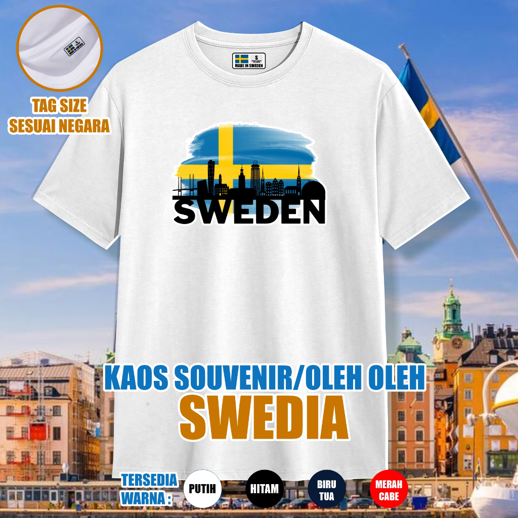 เสื้อยืด SWEDEN SOUVENIR, เสื้อผ้า SWEDEN SOUVENIR ดั้งเดิม, ผ้าฝ้ายรวม 30S, UNISEX, CHILDREN, ผู้ให