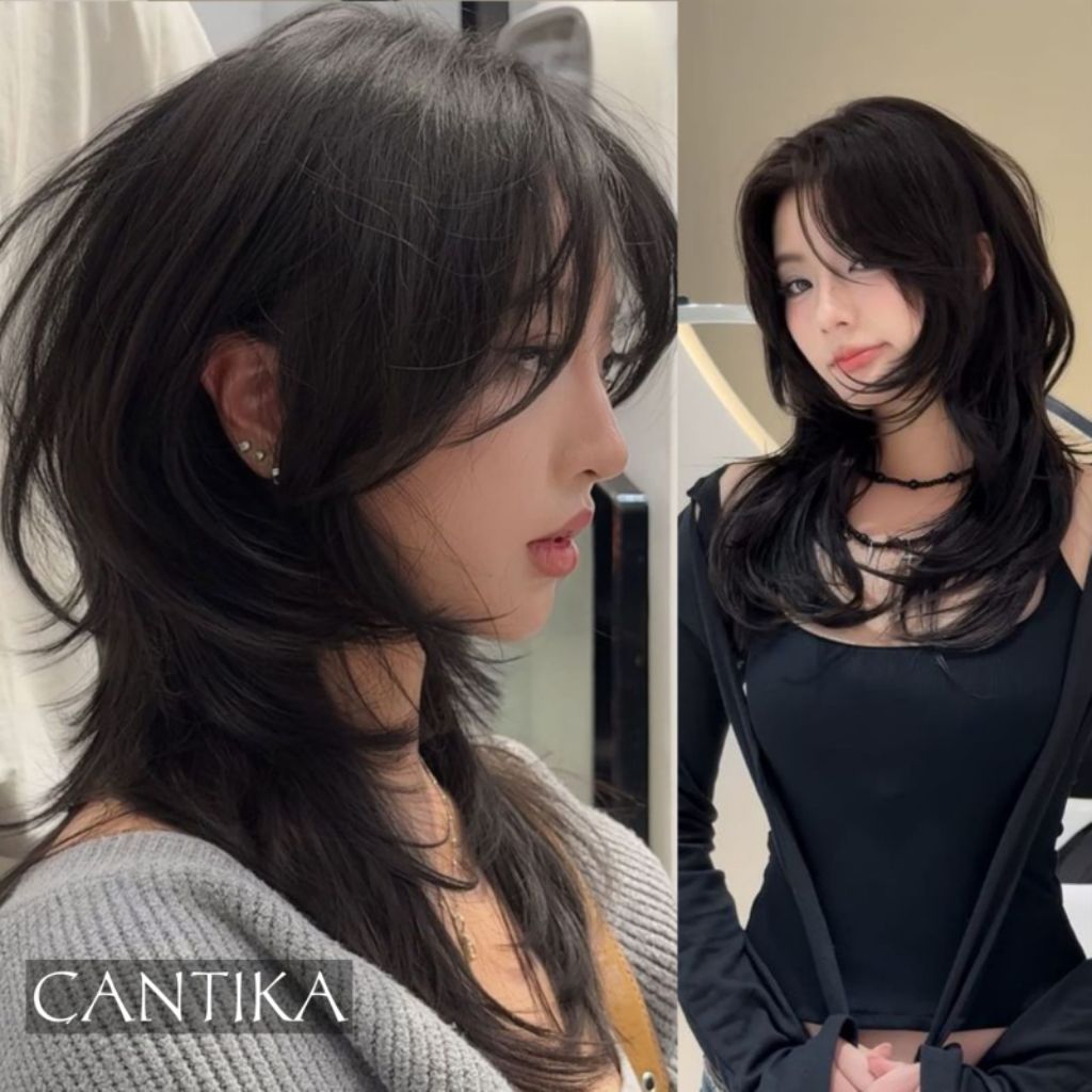 ผู้หญิง BEAUTIFUL ผมยาว 50 ซม., รุ่น WOLFCUT MULLET ยาว, สไตล์ผู้หญิงเกาหลี, เส้นใยสังเคราะห์ยาวผู้ห