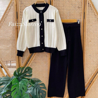 Oneset Amisha Cardigan Rajut Stripe Lengan Panjang Setelan Celana Kulot Wanita Premium Kekinian