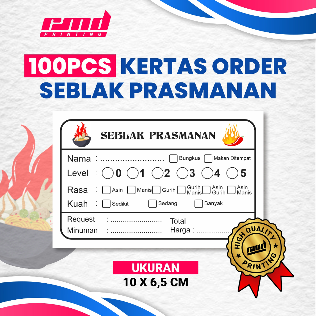 กระดาษการสั่งซื้อบุฟเฟ่ต์ Seblak 100 ชิ้น / กระดาษโน้ต Seblak Order