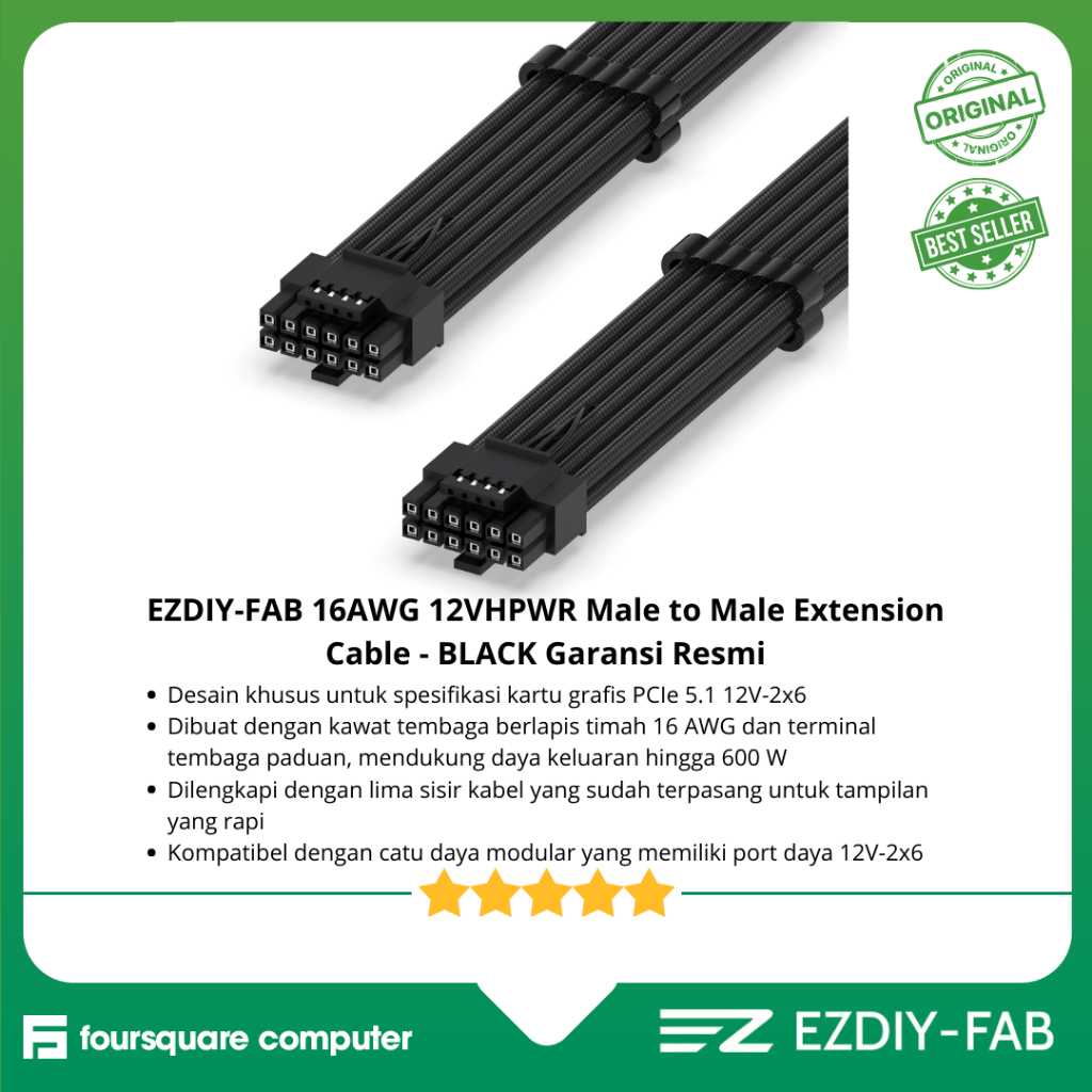 EZDIY-FAB 16AWG 12VHPWR สายต่อชายกับชาย - สีดําการรับประกันอย่างเป็นทางการ