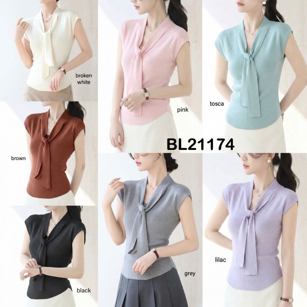 [FG] Lulu Knot Front Knit Top / เสื้อถักเกาหลีสําหรับผู้หญิงพร้อมผ้าพันคอผูก BL21174